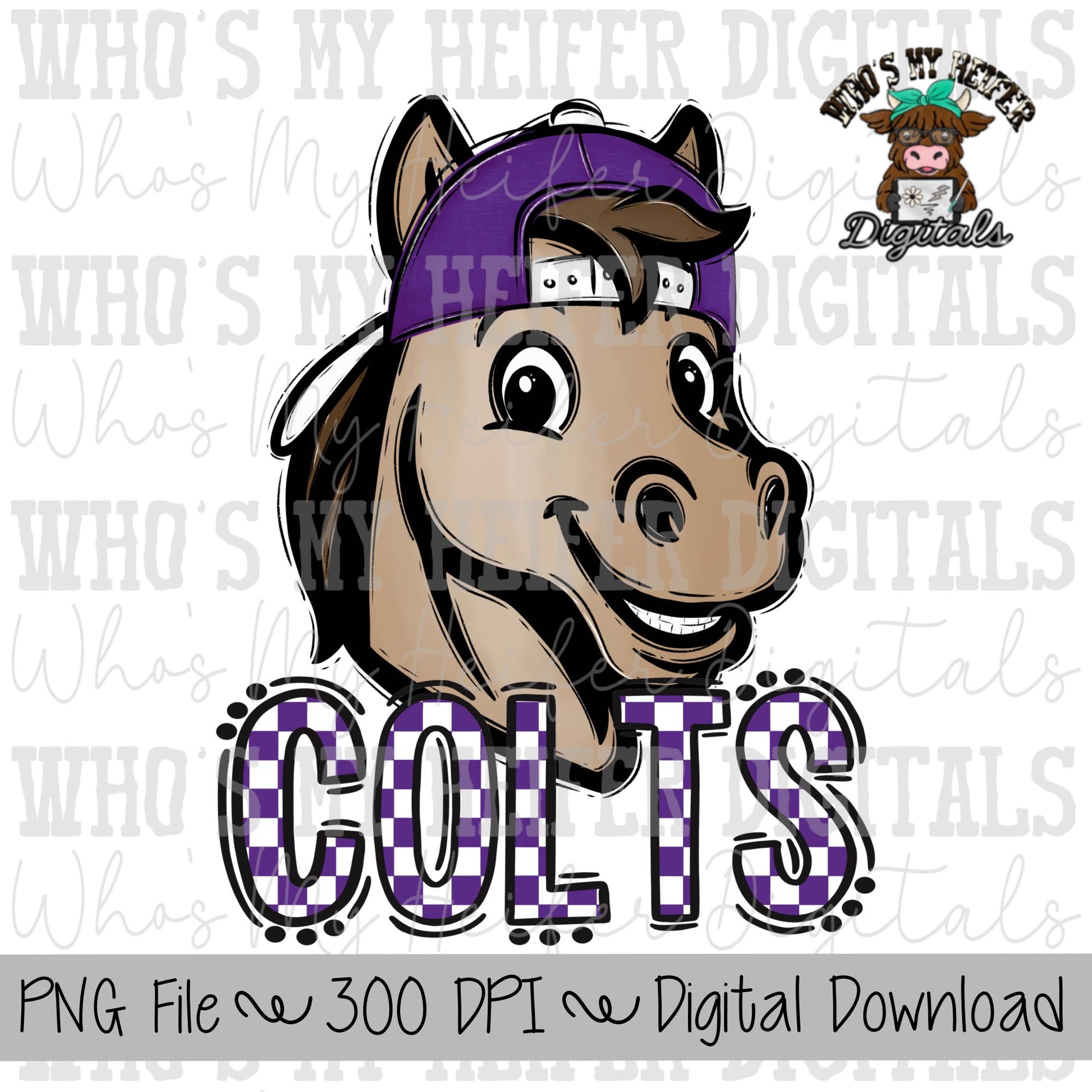 Purple & White Colts PNG Hand Drawn Colt with Hat Sublimation PNG Game Day Shirt Designs School Spirit PNG Checkered Colt Doodle Art