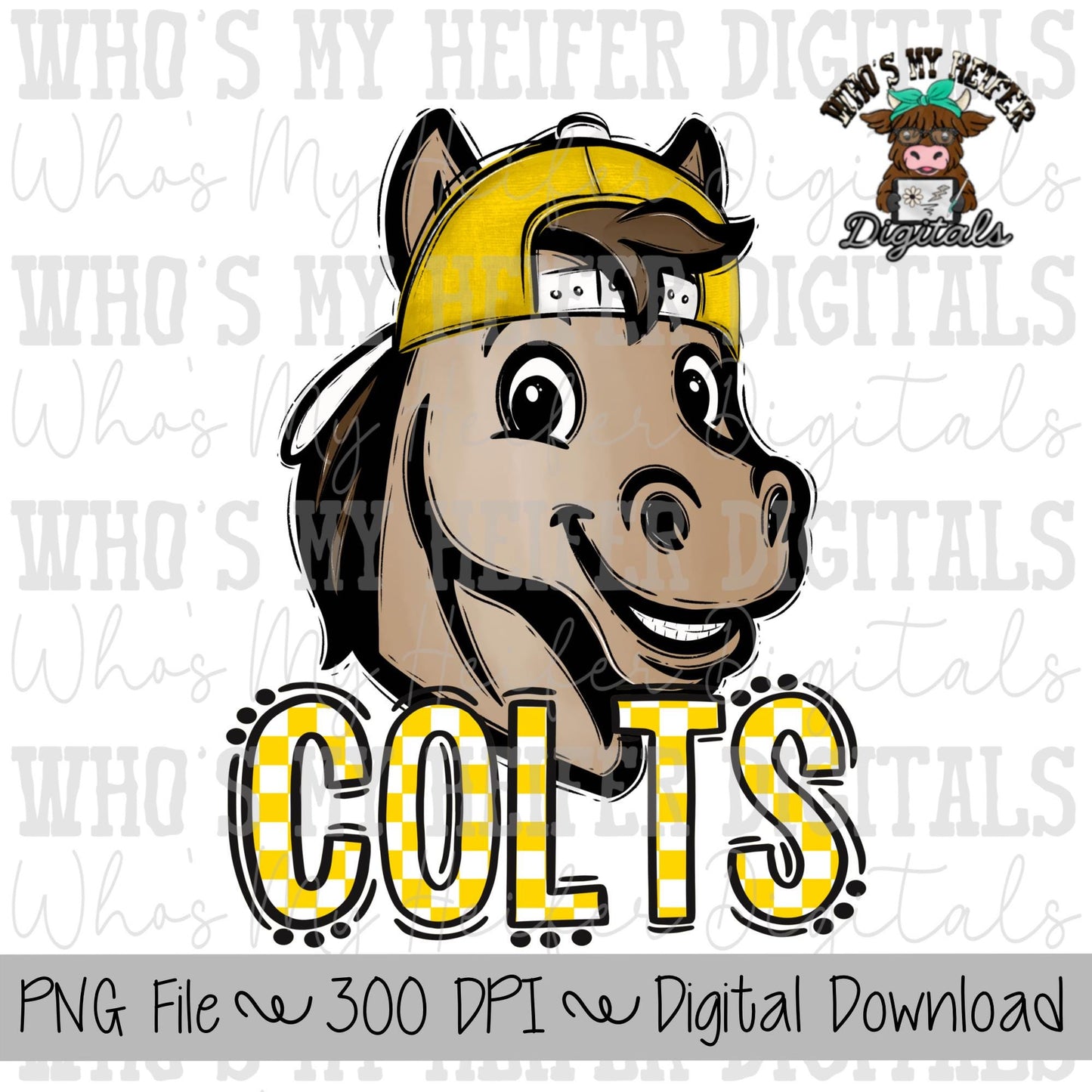Yellow & White Colts PNG Hand Drawn Colt with Hat Sublimation PNG Game Day Shirt Designs School Spirit PNG Checkered Colt Doodle Art