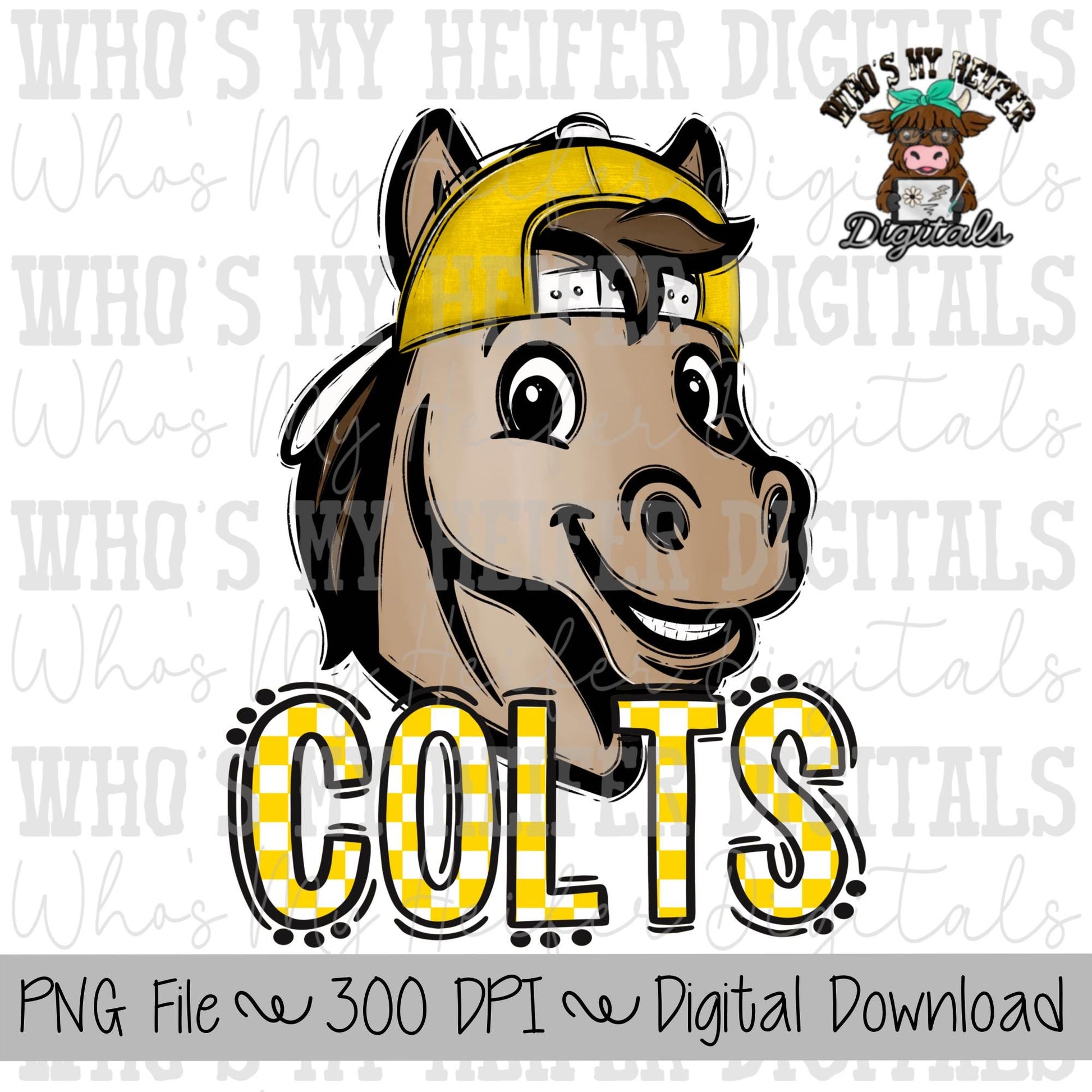 Yellow & White Colts PNG Hand Drawn Colt with Hat Sublimation PNG Game Day Shirt Designs School Spirit PNG Checkered Colt Doodle Art