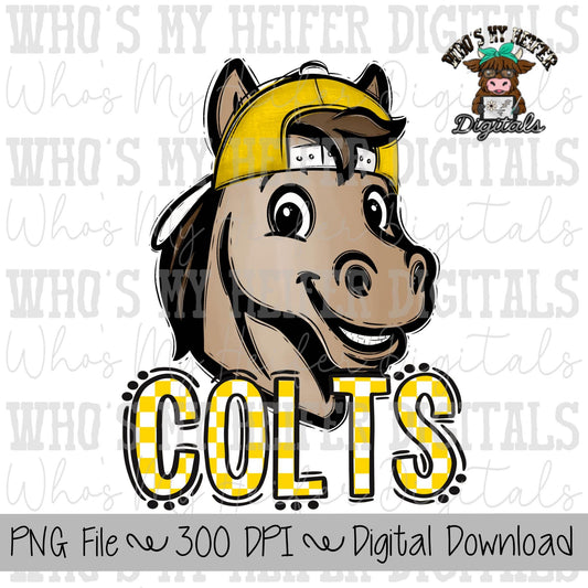 Yellow & White Colts PNG Hand Drawn Colt with Hat Sublimation PNG Game Day Shirt Designs School Spirit PNG Checkered Colt Doodle Art