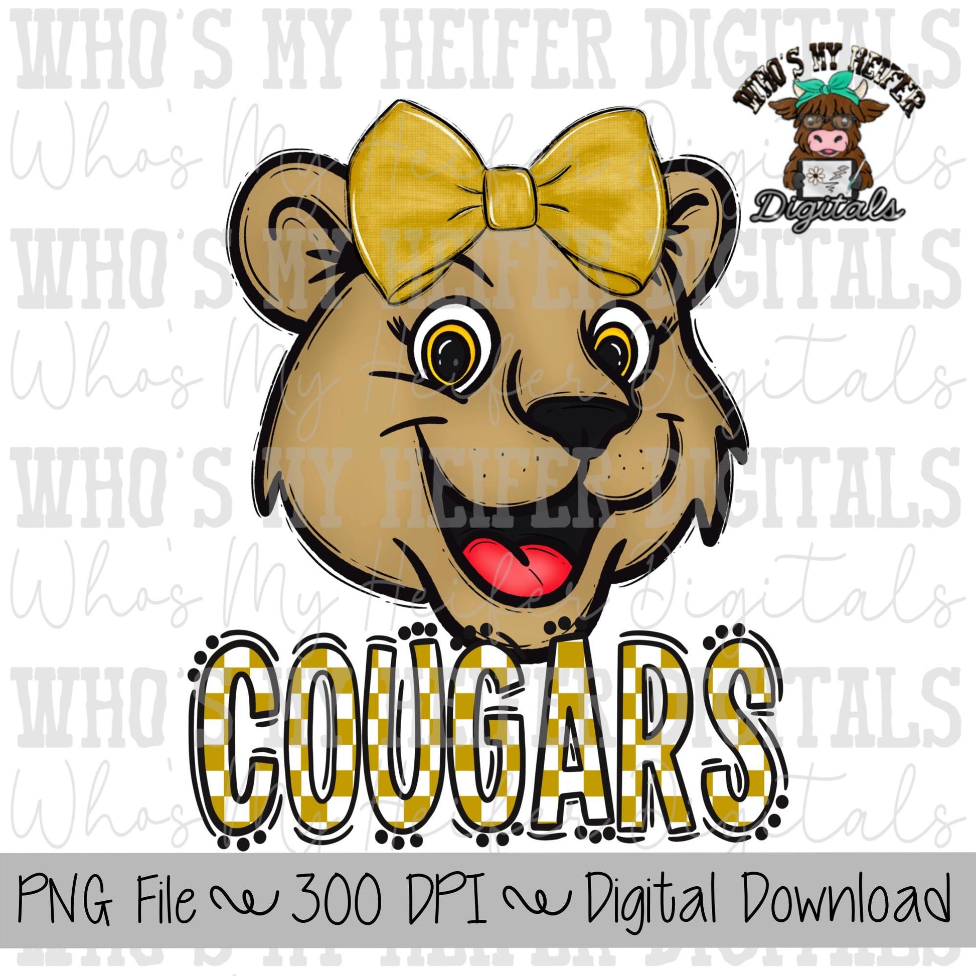 Gold & White Cougar PNG Hand Drawn Cougar with Bow Sublimation PNG Game Day Shirt Designs School Spirit PNG Checkered Cougar Doodle Art
