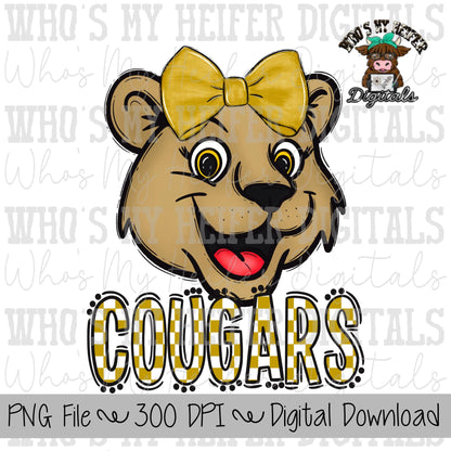 Gold & White Cougar PNG Hand Drawn Cougar with Bow Sublimation PNG Game Day Shirt Designs School Spirit PNG Checkered Cougar Doodle Art