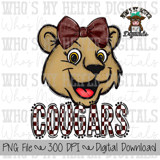 Maroon & White Cougar PNG Hand Drawn Cougar with Bow Sublimation PNG Game Day Shirt Designs School Spirit PNG Checkered Cougar Doodle Art