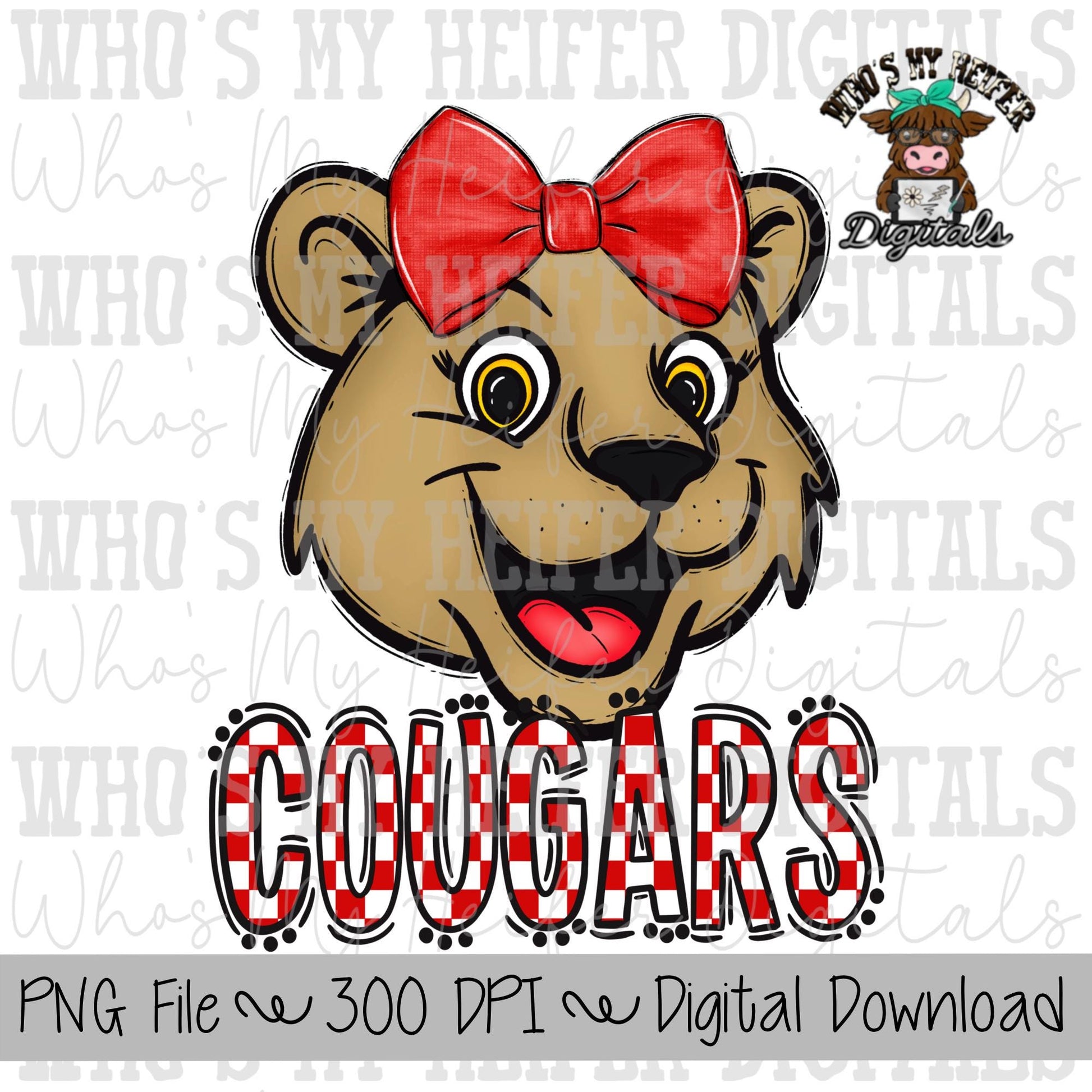 Red & White Cougar PNG Hand Drawn Cougar with Bow Sublimation PNG Game Day Shirt Designs School Spirit PNG Checkered Cougar Doodle Art