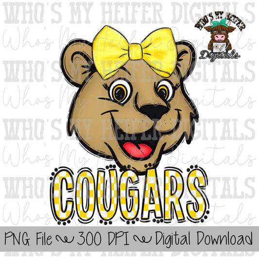 Yellow & White Cougar PNG Hand Drawn Cougar with Bow Sublimation PNG Game Day Shirt Designs School Spirit PNG Checkered Cougar Doodle Art