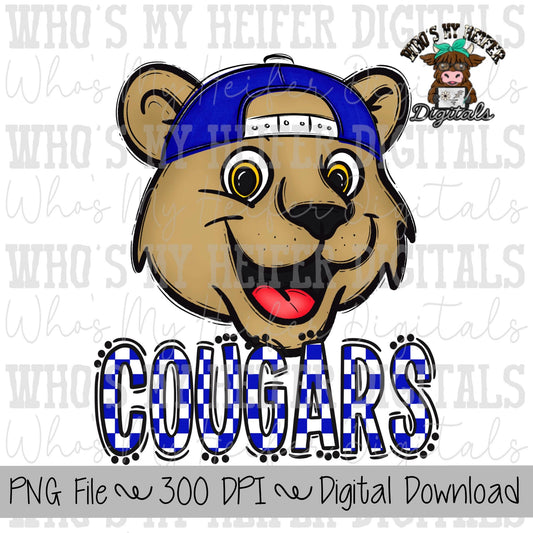 Blue & White Cougar PNG Hand Drawn Cougar with Hat Sublimation PNG Game Day Shirt Designs School Spirit PNG Checkered Cougar Doodle Art