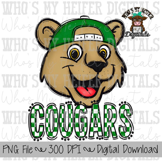 Green & White Cougar PNG Hand Drawn Cougar with Hat Sublimation PNG Game Day Shirt Designs School Spirit PNG Checkered Cougar Doodle Art