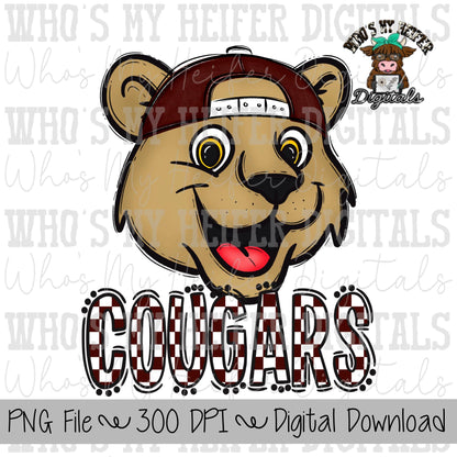 Maroon & White Cougar PNG Hand Drawn Cougar with Hat Sublimation PNG Game Day Shirt Designs School Spirit PNG Checkered Cougar Doodle Art