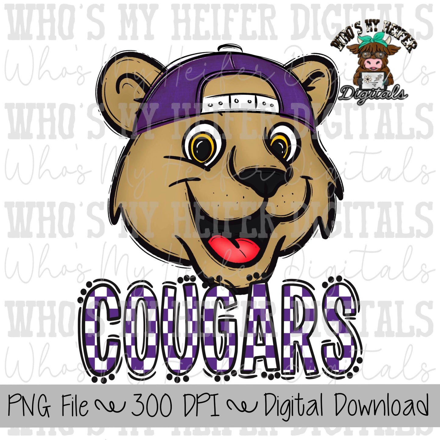 Purple & White Cougar PNG Hand Drawn Cougar with Hat Sublimation PNG Game Day Shirt Designs School Spirit PNG Checkered Cougar Doodle Art