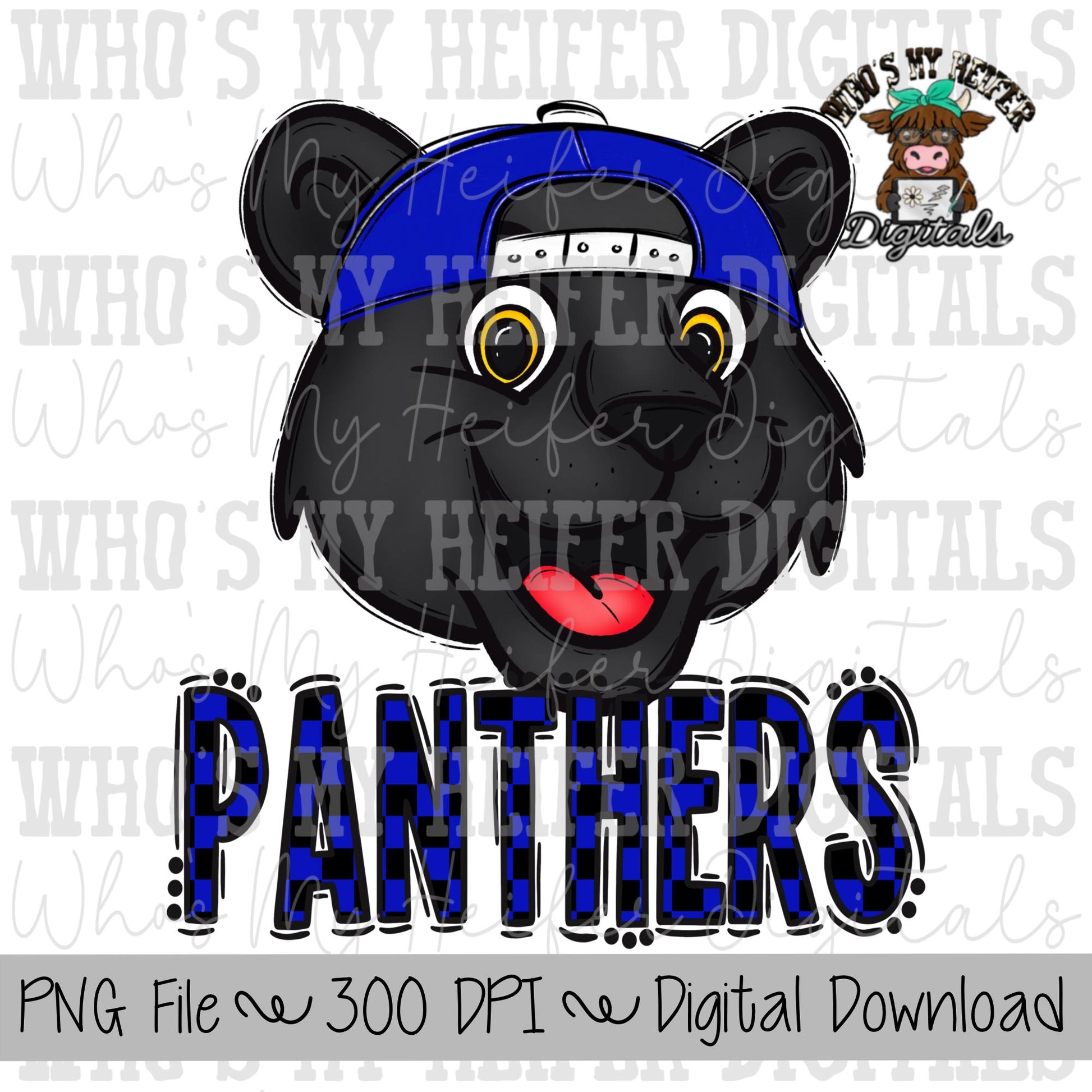 Blue & Black Panthers PNG Hand Drawn Panther with Hat Sublimation PNG Game Day Shirt Design School Spirit PNG Checkered Panther Doodle Art