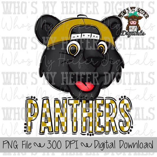 Gold & White Panthers PNG Hand Drawn Panther with Hat Sublimation PNG Game Day Shirt Design School Spirit PNG Checkered Panther Doodle Art