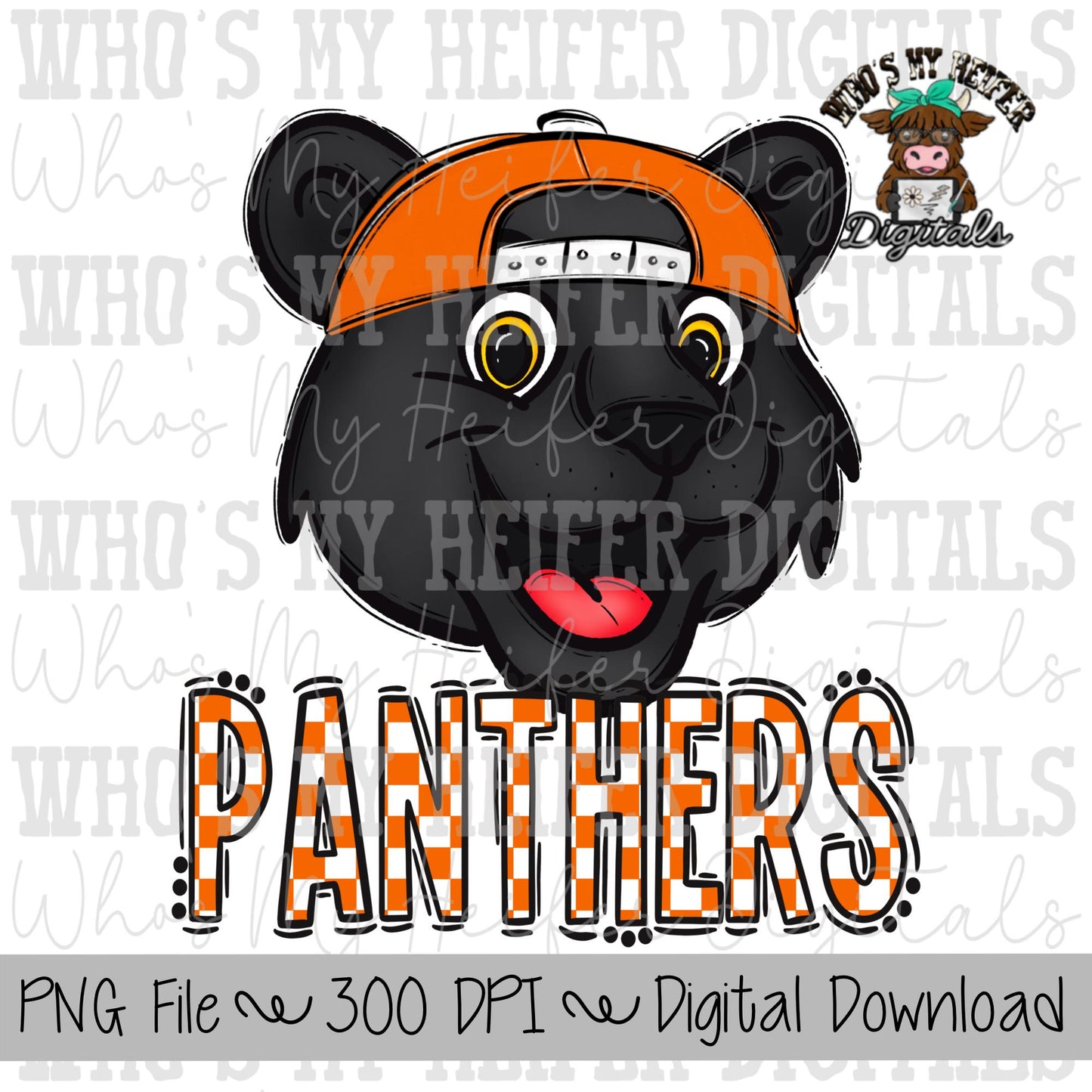Orange & White Panthers PNG Hand Drawn Panther with Hat Sublimation PNG Game Day Shirt Design School Spirit PNG Checkered Panther Doodle Art