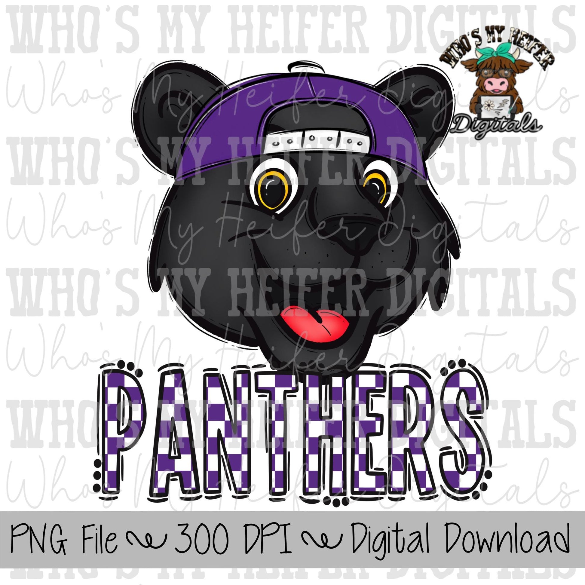 Purple & White Panthers PNG Hand Drawn Panther with Hat Sublimation PNG Game Day Shirt Design School Spirit PNG Checkered Panther Doodle Art