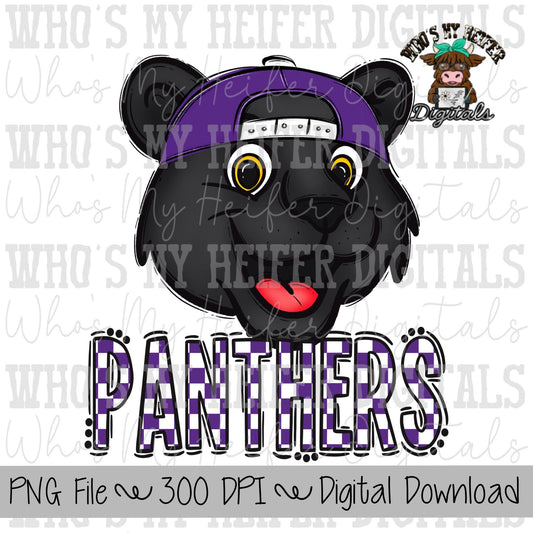 Purple & White Panthers PNG Hand Drawn Panther with Hat Sublimation PNG Game Day Shirt Design School Spirit PNG Checkered Panther Doodle Art