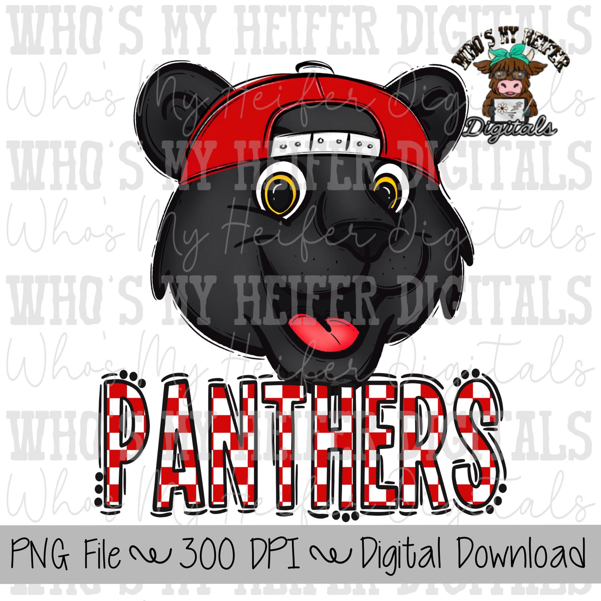 Red & White Panthers PNG Hand Drawn Panther with Hat Sublimation PNG Game Day Shirt Design School Spirit PNG Checkered Panther Doodle Art