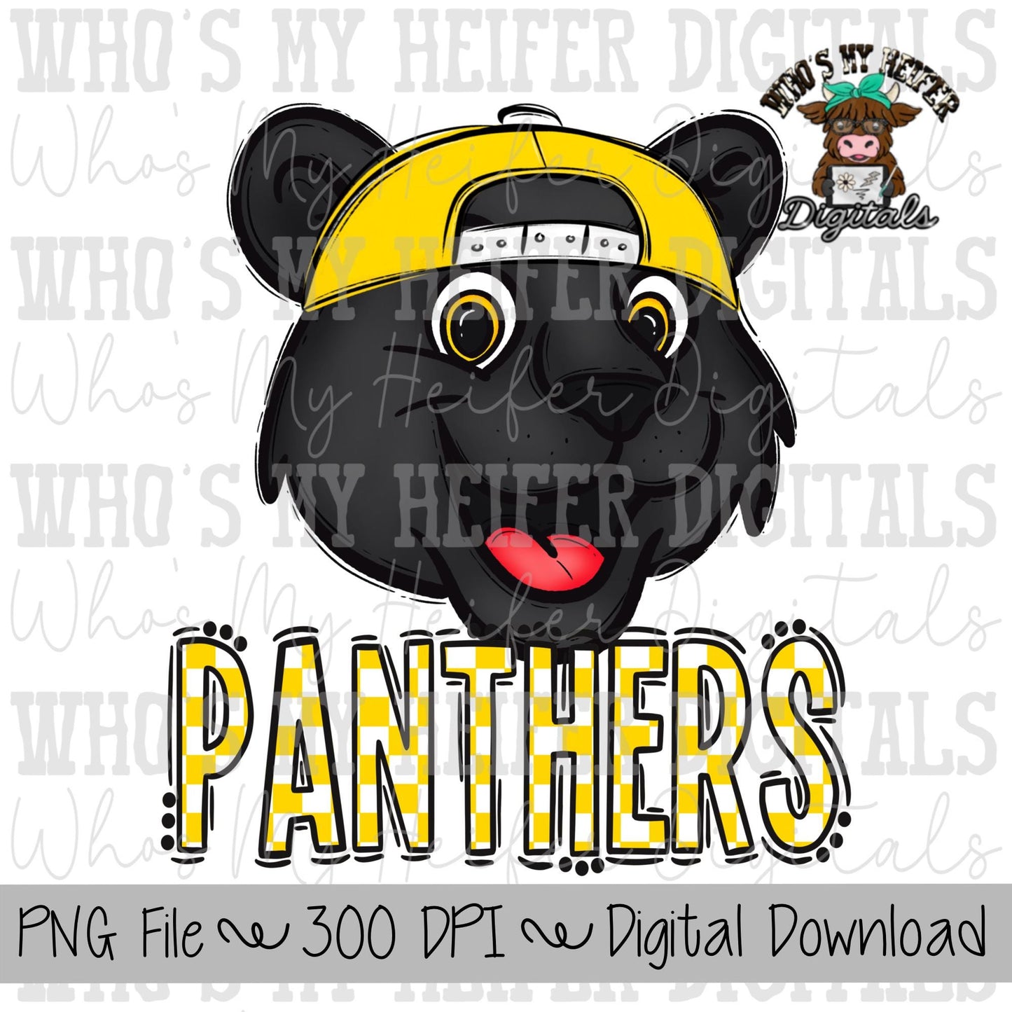 Yellow & White Panthers PNG Hand Drawn Panther with Hat Sublimation PNG Game Day Shirt Design School Spirit PNG Checkered Panther Doodle Art