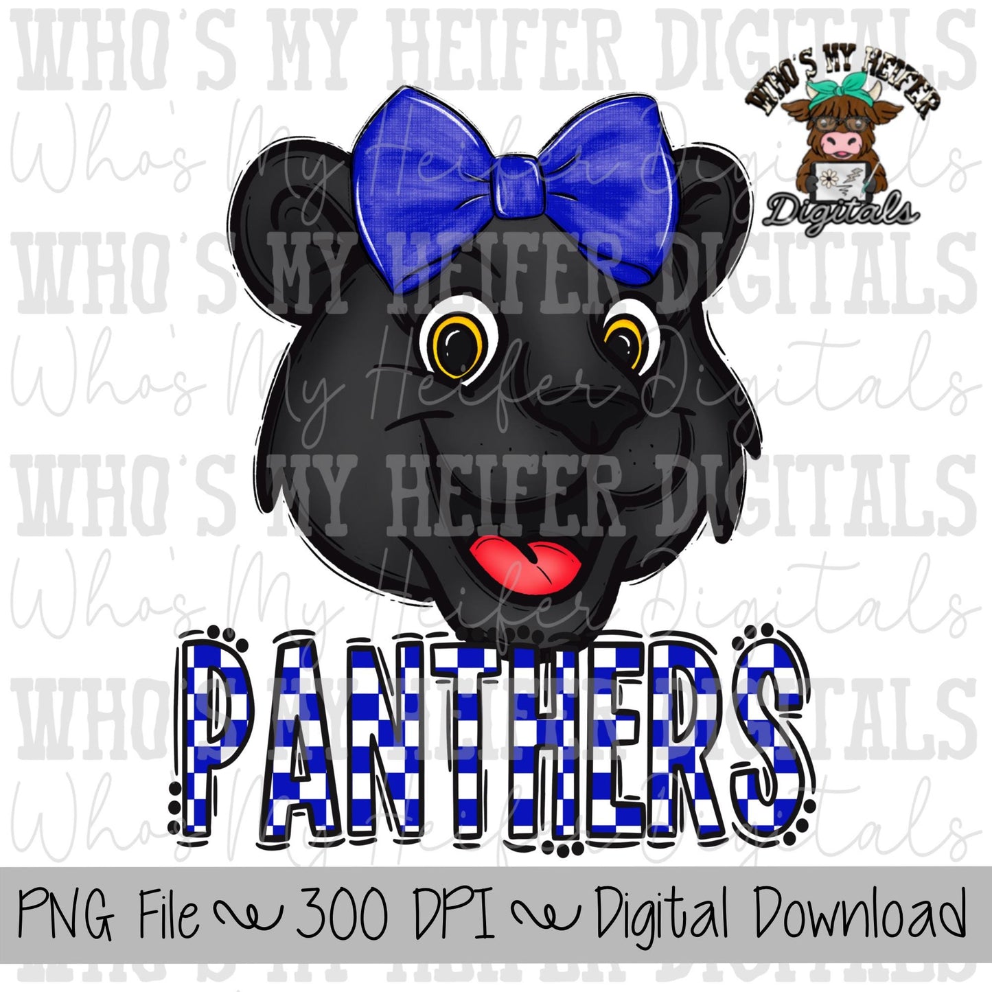 Blue & White Panthers PNG Hand Drawn Panther with Bow Sublimation PNG Game Day Shirt Design School Spirit PNG Checkered Panther Doodle Art