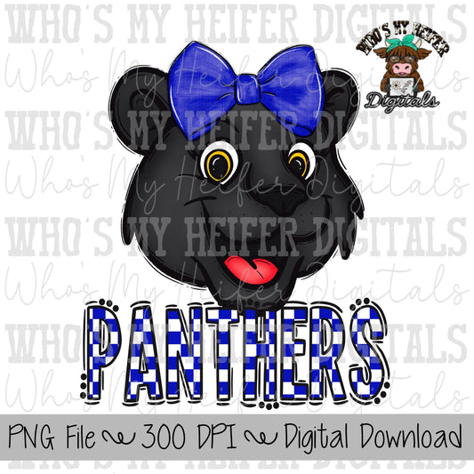 Blue & White Panthers PNG Hand Drawn Panther with Bow Sublimation PNG Game Day Shirt Design School Spirit PNG Checkered Panther Doodle Art