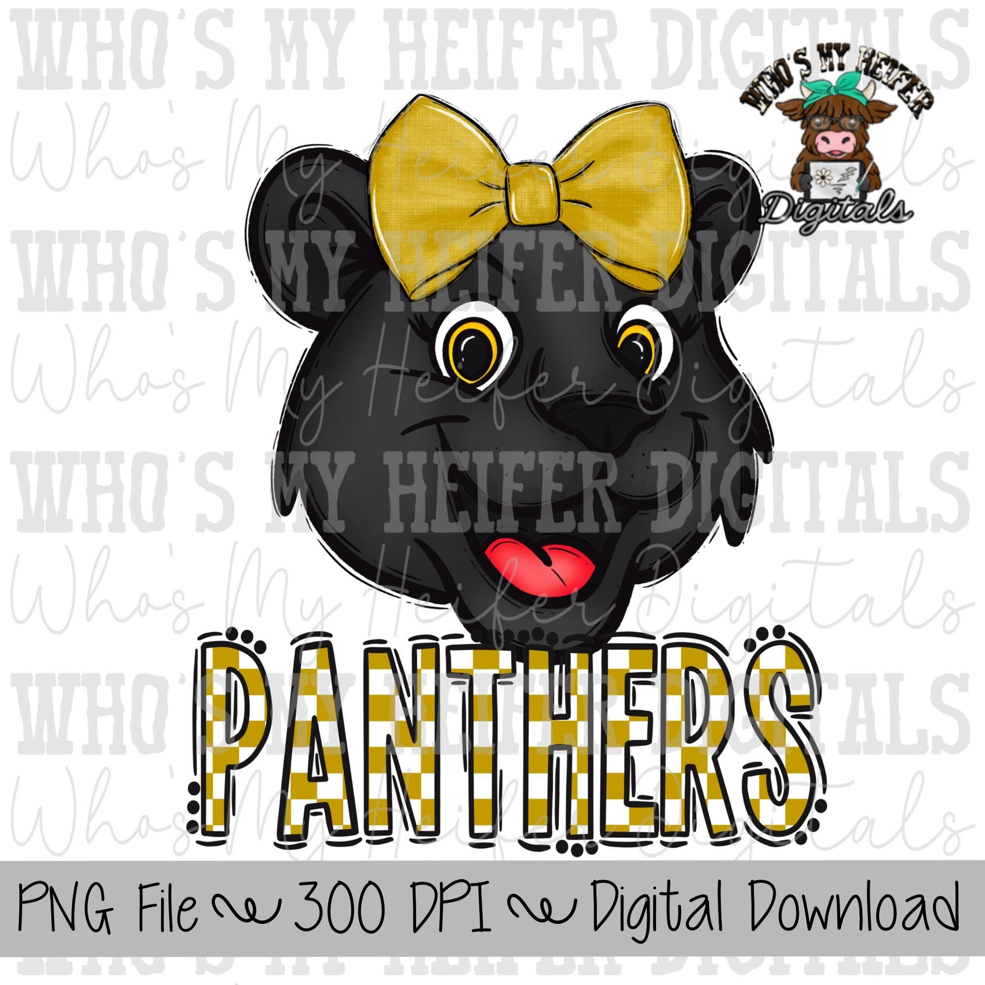 Gold & White Panthers PNG Hand Drawn Panther with Bow Sublimation PNG Game Day Shirt Design School Spirit PNG Checkered Panther Doodle Art