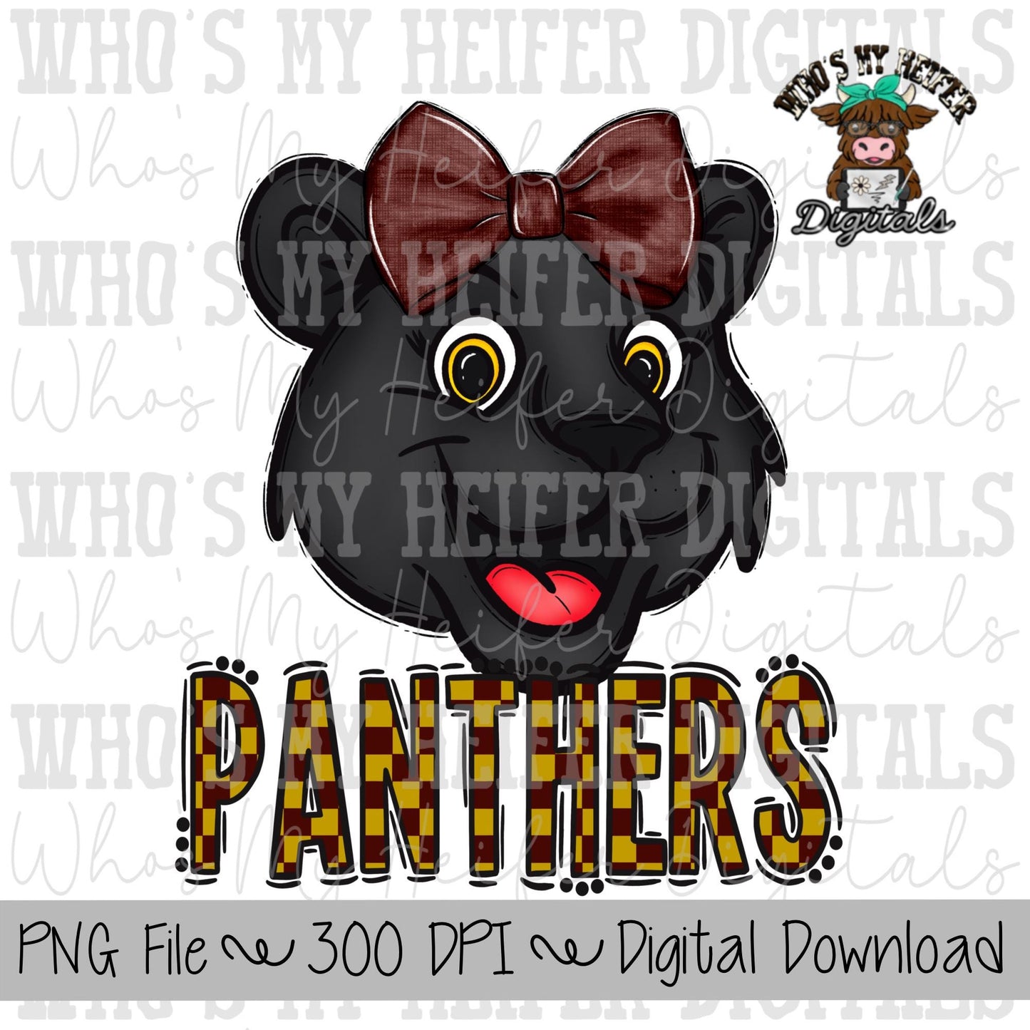 Maroon & Gold Panthers PNG Hand Drawn Panther with Bow Sublimation PNG Game Day Shirt Design School Spirit PNG Checkered Panther Doodle Art