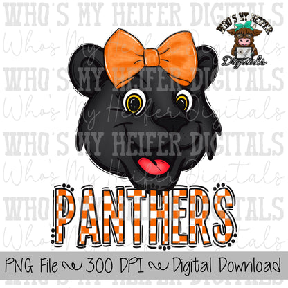 Orange & White Panthers PNG Hand Drawn Panther with Bow Sublimation PNG Game Day Shirt Design School Spirit PNG Checkered Panther Doodle Art