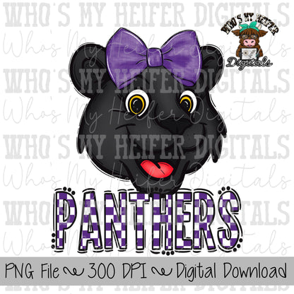 Purple & White Panthers PNG Hand Drawn Panther with Bow Sublimation PNG Game Day Shirt Design School Spirit PNG Checkered Panther Doodle Art