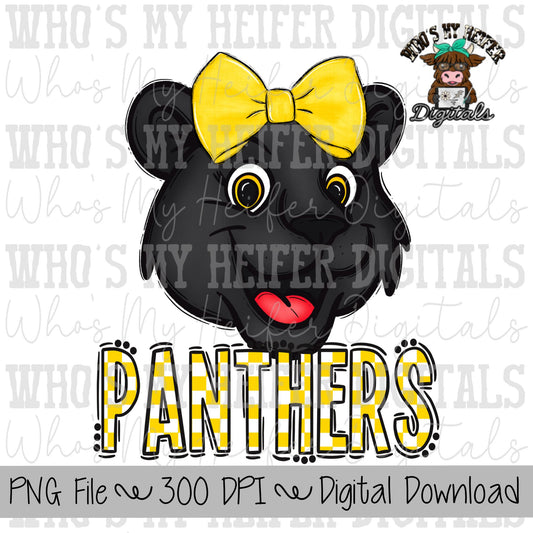 Yellow & White Panthers PNG Hand Drawn Panther with Bow Sublimation PNG Game Day Shirt Design School Spirit PNG Checkered Panther Doodle Art