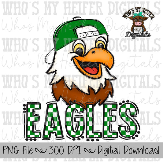 Green & White Eagles PNG Hand Drawn Eagle with Hat Sublimation PNG Game Day Shirt Design School Spirit PNG Checkered Eagle Doodle Art