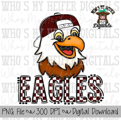 Maroon & White Eagles PNG Hand Drawn Eagle with Hat Sublimation PNG Game Day Shirt Design School Spirit PNG Checkered Eagle Doodle Art