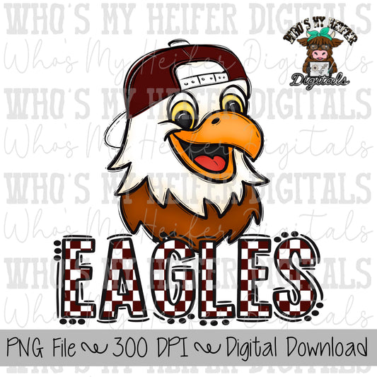Maroon & White Eagles PNG Hand Drawn Eagle with Hat Sublimation PNG Game Day Shirt Design School Spirit PNG Checkered Eagle Doodle Art