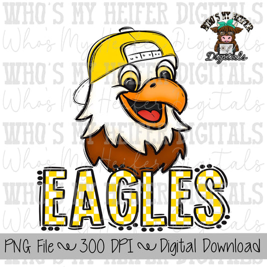 Yellow & White Eagles PNG Hand Drawn Eagle with Hat Sublimation PNG Game Day Shirt Design School Spirit PNG Checkered Eagle Doodle Art