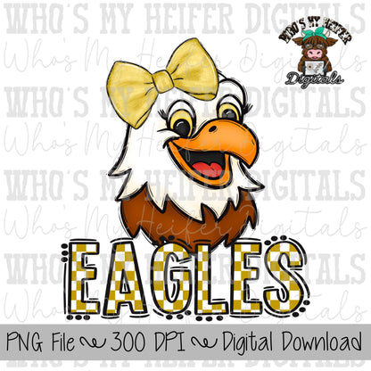 Gold & White Eagles PNG Hand Drawn Eagle with Bow Sublimation PNG Game Day Shirt Design School Spirit PNG Checkered Eagle Doodle Art