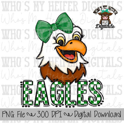 Green & White Eagles PNG Hand Drawn Eagle with Bow Sublimation PNG Game Day Shirt Design School Spirit PNG Checkered Eagle Doodle Art