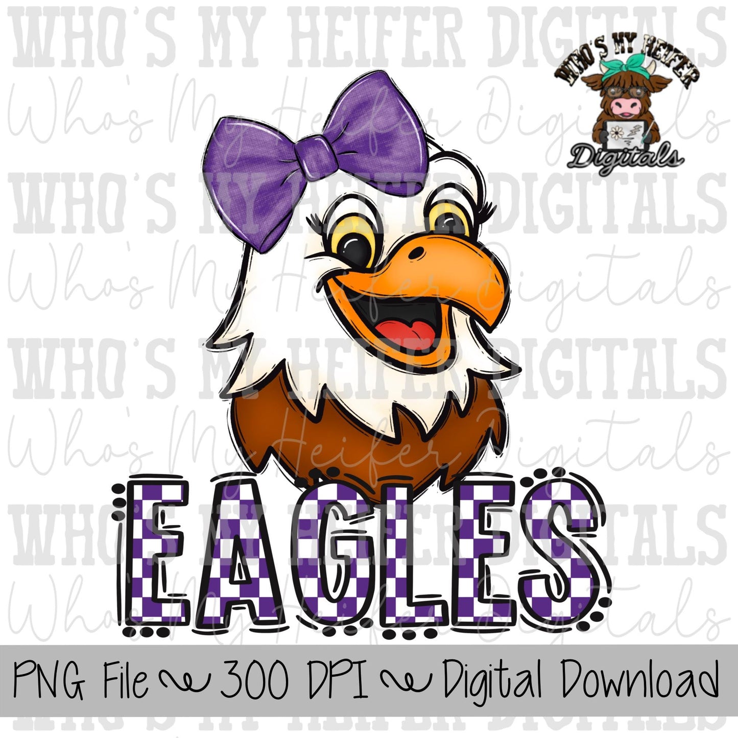 Purple & White Eagles PNG Hand Drawn Eagle with Bow Sublimation PNG Game Day Shirt Design School Spirit PNG Checkered Eagle Doodle Art
