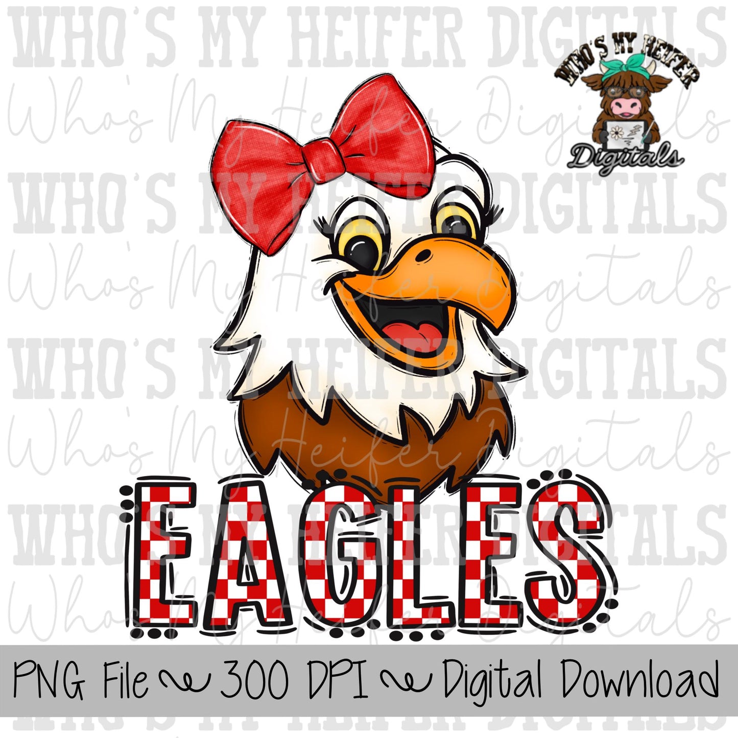 Red & White Eagles PNG Hand Drawn Eagle with Bow Sublimation PNG Game Day Shirt Design School Spirit PNG Checkered Eagle Doodle Art