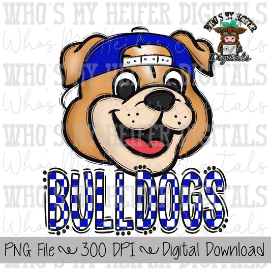 Blue & White Bulldogs PNG Hand Drawn Bulldog with Hat Sublimation PNG Game Day Shirt Design School Spirit PNG Checkered Bulldog Doodle Art