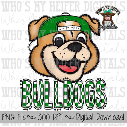 Green & White Bulldogs PNG Hand Drawn Bulldog with Hat Sublimation PNG Game Day Shirt Design School Spirit PNG Checkered Bulldog Doodle Art