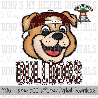 Maroon & White Bulldogs PNG Hand Drawn Bulldog with Hat Sublimation PNG Game Day Shirt Design School Spirit PNG Checkered Bulldog Doodle Art