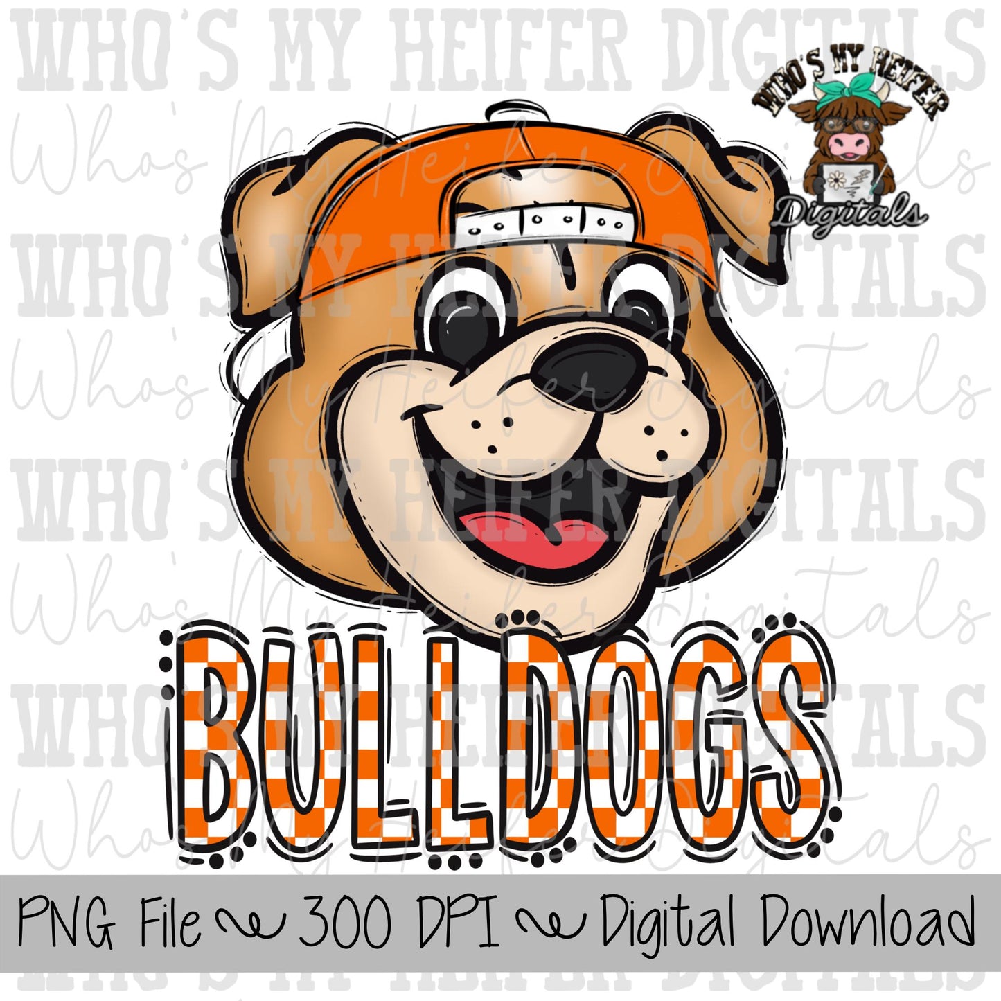 Orange & White Bulldogs PNG Hand Drawn Bulldog with Hat Sublimation PNG Game Day Shirt Design School Spirit PNG Checkered Bulldog Doodle Art