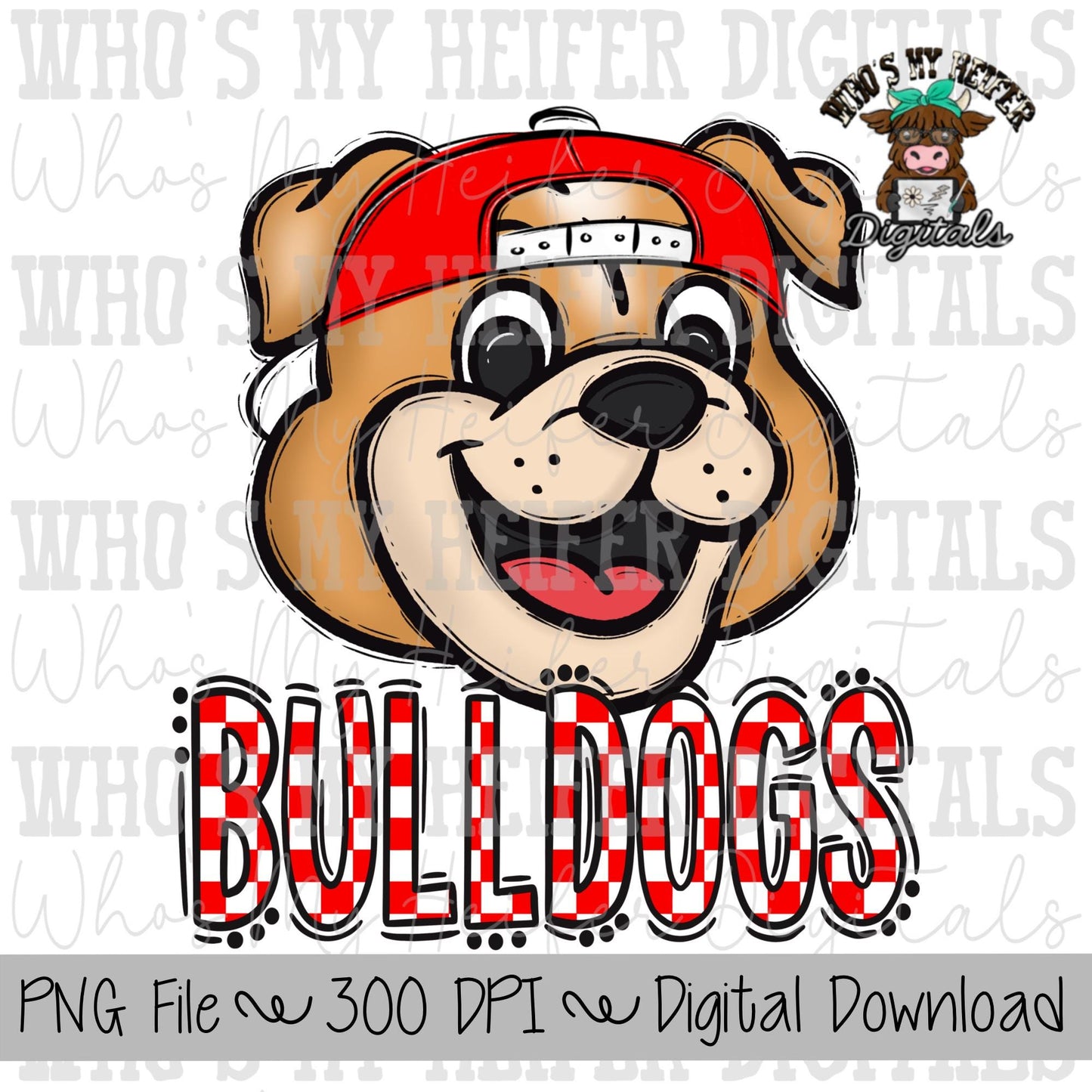 Red & White Bulldogs PNG Hand Drawn Bulldog with Hat Sublimation PNG Game Day Shirt Design School Spirit PNG Checkered Bulldog Doodle Art