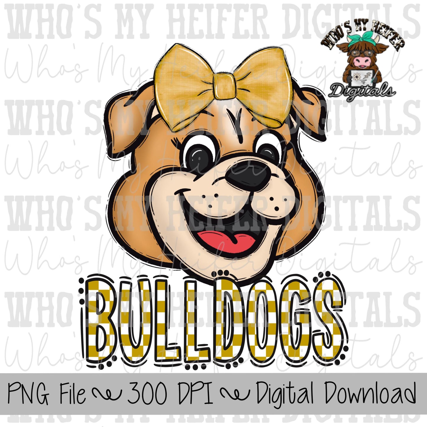 Gold & White Bulldogs PNG Hand Drawn Bulldog with Bow Sublimation PNG Game Day Shirt Design School Spirit PNG Checkered Bulldog Doodle Art