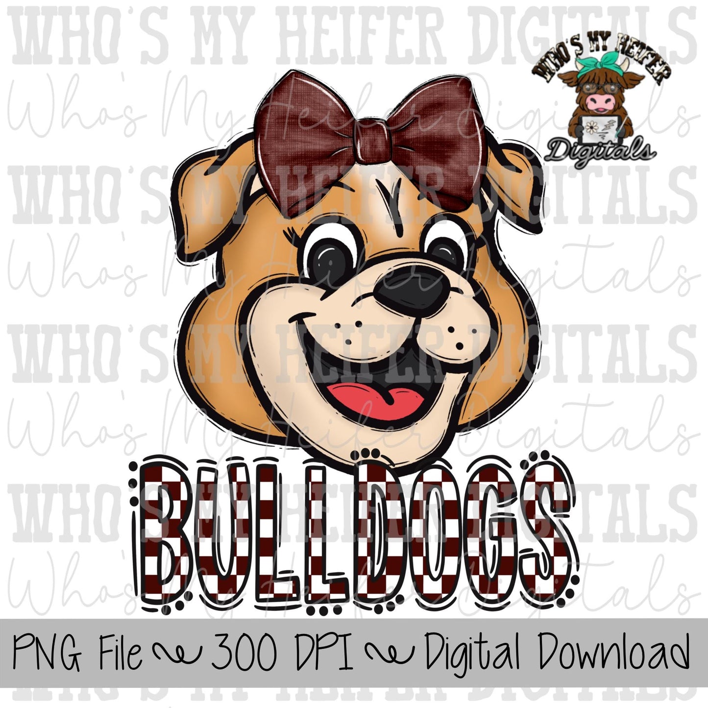 Maroon & White Bulldogs PNG Hand Drawn Bulldog with Bow Sublimation PNG Game Day Shirt Design School Spirit PNG Checkered Bulldog Doodle Art
