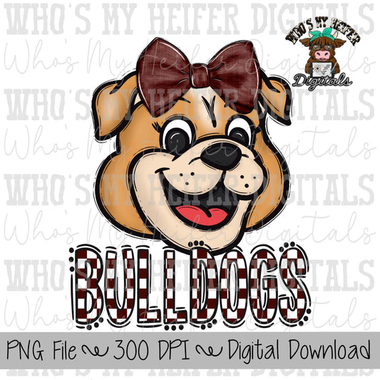Maroon & White Bulldogs PNG Hand Drawn Bulldog with Bow Sublimation PNG Game Day Shirt Design School Spirit PNG Checkered Bulldog Doodle Art