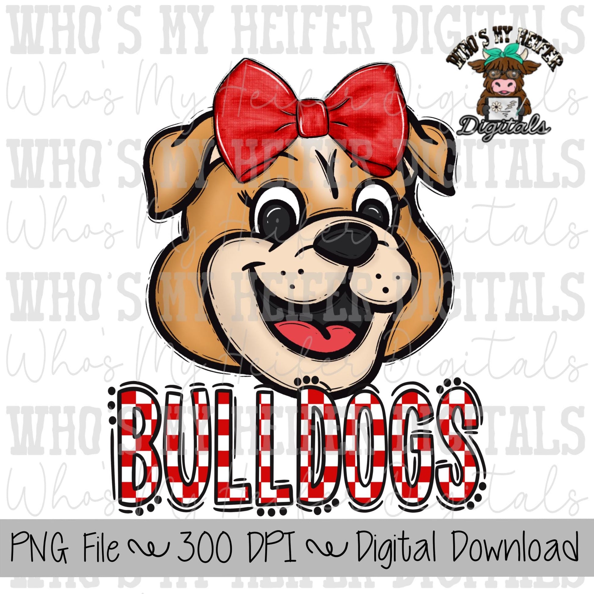 Red & White Bulldogs PNG Hand Drawn Bulldog with Bow Sublimation PNG Game Day Shirt Design School Spirit PNG Checkered Bulldog Doodle Art