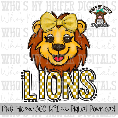 Gold & White Lions PNG Hand Drawn Lions with Bow Sublimation PNG Game Day Shirt Design School Spirit PNG Checkered Lion Doodle Art
