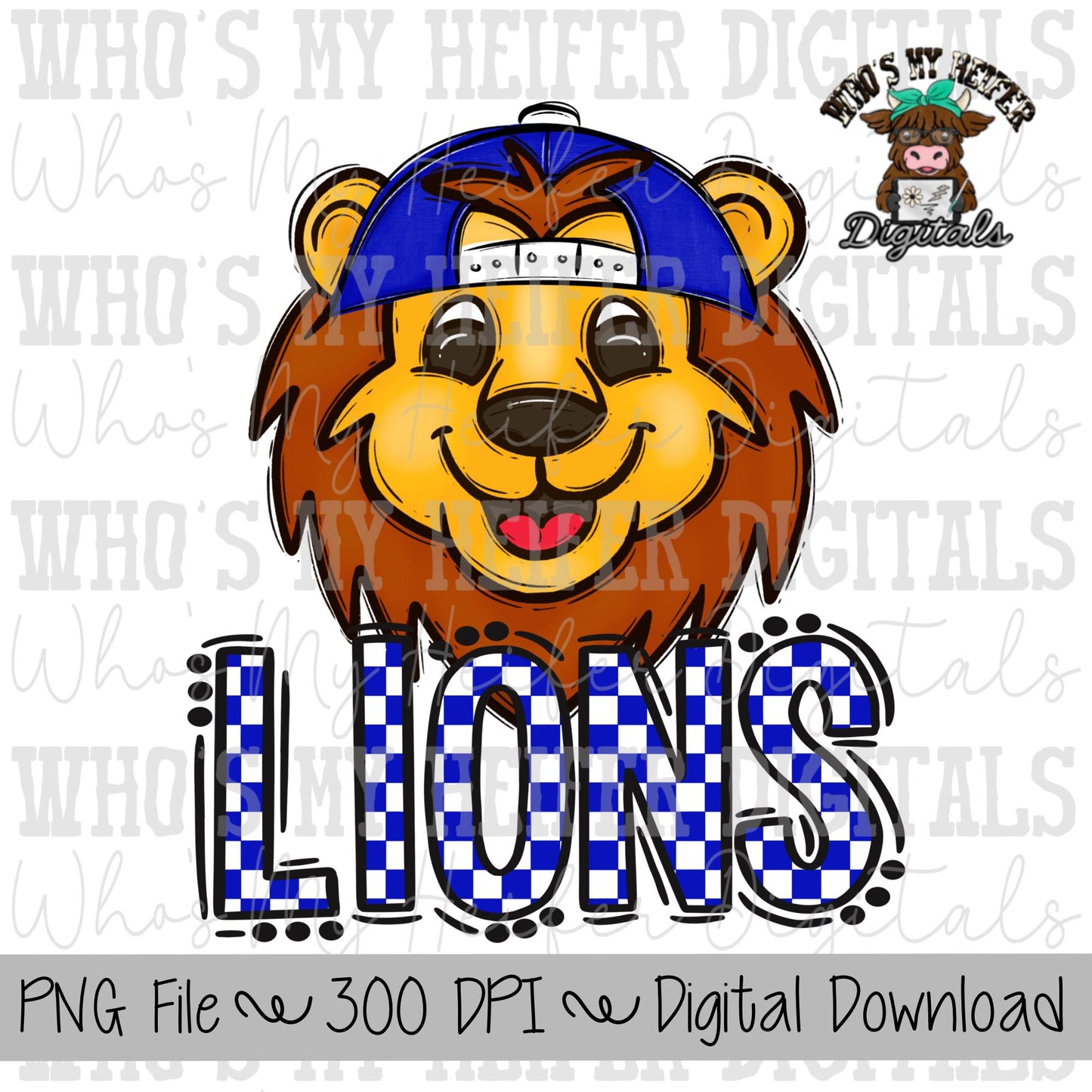 Blue & White Lions PNG Hand Drawn Lions with Hat Sublimation PNG Game Day Shirt Design School Spirit PNG Checkered Lion Doodle Art