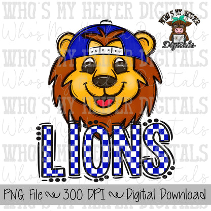 Blue & White Lions PNG Hand Drawn Lions with Hat Sublimation PNG Game Day Shirt Design School Spirit PNG Checkered Lion Doodle Art