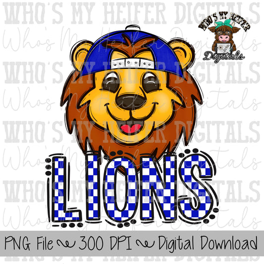 Blue & White Lions PNG Hand Drawn Lions with Hat Sublimation PNG Game Day Shirt Design School Spirit PNG Checkered Lion Doodle Art
