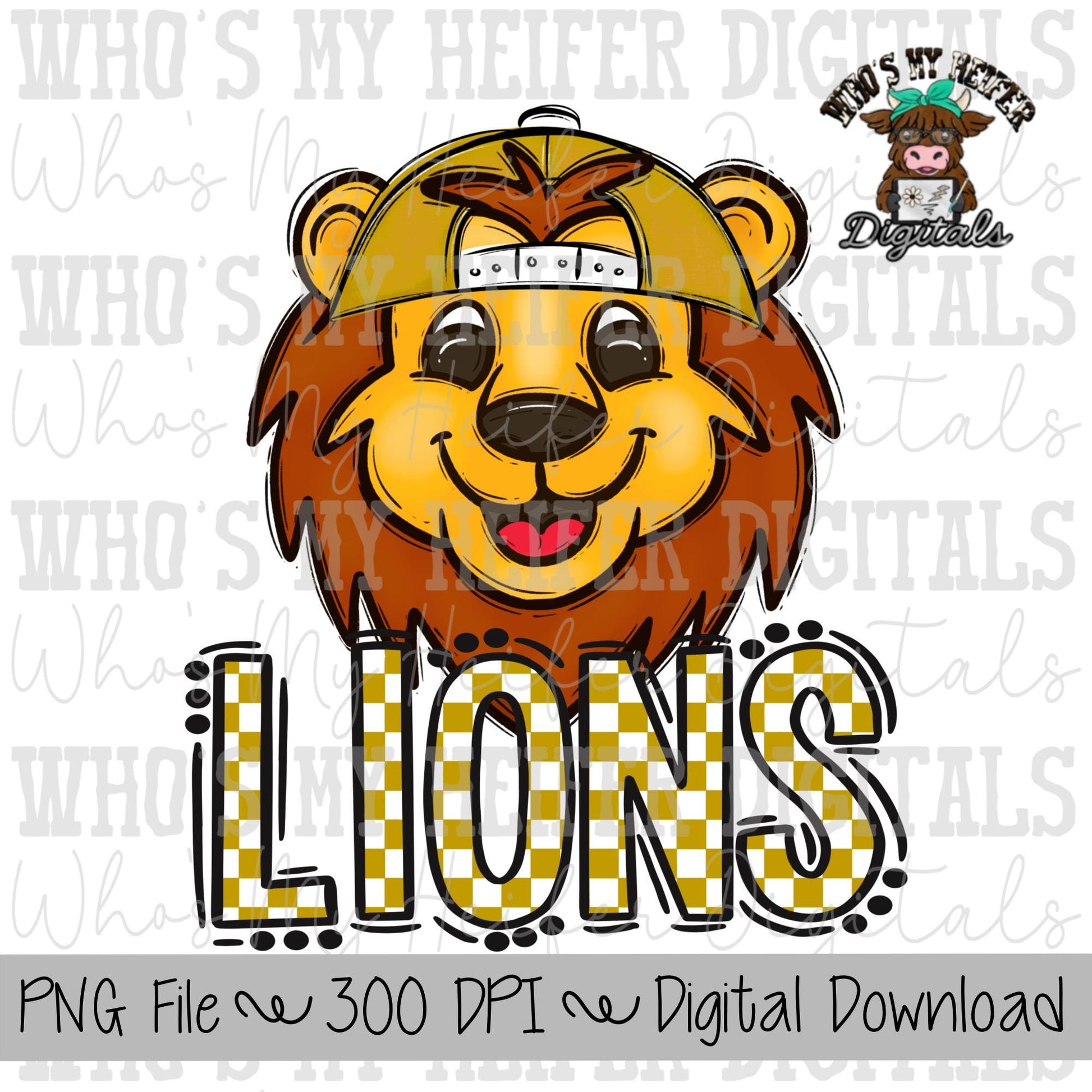 Gold & White Lions PNG Hand Drawn Lions with Hat Sublimation PNG Game Day Shirt Design School Spirit PNG Checkered Lion Doodle Art