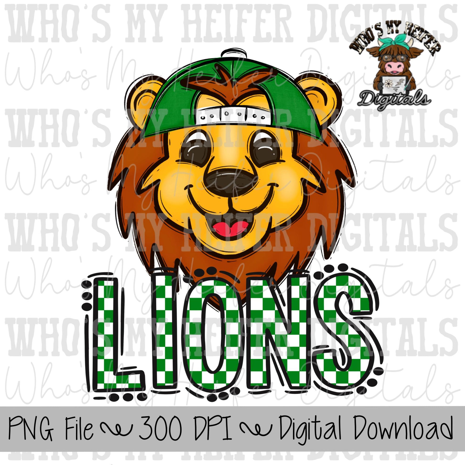 Green & White Lions PNG Hand Drawn Lions with Hat Sublimation PNG Game Day Shirt Design School Spirit PNG Checkered Lion Doodle Art